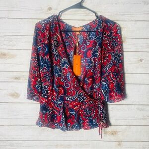 Gigi Parker Red and Blue Paisley Blouse Size M